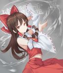  1girl bow brown_hair detached_sleeves eyebrows_visible_through_hair floating_hair grey_background hair_bow hair_tubes hakurei_reimu hand_in_hair highres long_hair looking_at_viewer midriff mojomaru navel red_bow red_eyes red_shirt red_skirt ribbon-trimmed_sleeves ribbon_trim shirt skirt sleeveless sleeveless_shirt solo stomach striped striped_bow touhou 