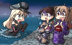  /\/\/\ 3girls alternate_costume bare_shoulders bismarck_(kantai_collection) black_kimono blonde_hair blue_eyes brown_eyes brown_gloves brown_hair commentary_request dated detached_sleeves floral_print gloves hair_between_eyes hair_flaps hamu_koutarou hat heterochromia highres hitodama japanese_clothes kantai_collection kimono light_brown_eyes light_brown_hair long_hair military military_hat military_uniform multiple_girls murasame_(kantai_collection) obi open_mouth peaked_cap ponytail print_kimono purple_kimono red_eyes remodel_(kantai_collection) sandals sash scared shikinami_(kantai_collection) short_hair tears uniform yukata 