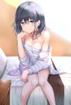  1girl absurdres adagaki_aki bare_legs bare_shoulders bed bikini_tan black_hair blush breasts chin_rest collarbone commentary eyebrows_visible_through_hair hair_between_eyes highres long_sleeves looking_at_viewer masamune-kun_no_revenge medium_breasts off_shoulder on_bed raised_eyebrow revision shirt short_hair sitting smile smirk solo striped striped_shirt sunhyun tan tanline white_shirt 