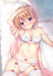  1girl arm_up ass_visible_through_thighs bangs bare_shoulders bed blush bow bow_bra bow_panties bra breasts brown_hair cleavage commentary_request dress eyebrows_visible_through_hair garter_belt gochuumon_wa_usagi_desu_ka? hair_between_eyes hair_ornament hairclip hat hoto_cocoa lace lace-trimmed_bra lace-trimmed_panties lace-trimmed_thighhighs lying medium_breasts navel nurse_cap on_back on_bed panties parted_lips pillow pink_dress red_bow shibainu_niki solo strap_slip thigh-highs underwear violet_eyes white_bra white_hat white_legwear white_panties 