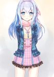  1girl blue_eyes blue_hair blue_jacket bow chicken_(chickenx) closed_mouth cowboy_shot frills gradient_hair hair_bow hair_intakes highres jacket jewelry long_hair looking_at_viewer mana_(shironeko_project) multicolored_hair necklace pink_bow pink_skirt plaid plaid_skirt shironeko_project silver_hair skirt solo standing 