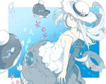  1girl blue_eyes chest_strap dress glowing glowing_eyes hat kantai_collection lifebuoy long_hair looking_at_viewer ninimo_nimo pale_skin shinkaisei-kan smile solo submarine_new_hime sundress torpedo white_dress white_hair white_skin 