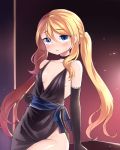  1girl blonde_hair blue_eyes blush breasts choker commentary_request dress elbow_gloves elina_lavrentieva eyebrows_visible_through_hair gloves hair_between_eyes highres long_hair neit_ni_sei no_panties open_mouth original sash shiny shiny_skin small_breasts solo sweatdrop twintails upper_body 