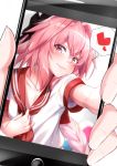  1boy astolfo_(fate) bangs black_bow blurry blush bow braid cellphone closed_mouth collarbone depth_of_field fang fang_out fate/grand_order fate_(series) fingernails hair_between_eyes hair_bow hair_intakes head_tilt heart highres holding holding_phone long_hair looking_at_viewer male_focus multicolored multicolored_eyes neckerchief otoko_no_ko outstretched_arm phone pink_eyes pink_hair pov pov_hands red_neckwear red_sailor_collar sailor_collar school_uniform self_shot serafuku shiny shiny_hair shirt_pull short_sleeves sidelocks simple_background single_braid smartphone smile solo_focus spoken_heart takatun223 upper_body white_background yellow_eyes 