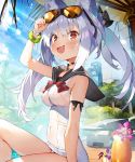  &gt;:d 1girl arm_ribbon arm_up azur_lane blush bracelet breasts bright_pupils brown_eyes character_request choker covered_navel day eyebrows_visible_through_hair eyewear_on_head impossible_clothes impossible_swimsuit jewelry long_hair looking_at_viewer matsui_hiroaki medium_breasts outdoors ribbon sailor_collar school_swimsuit sidelocks silver_hair solo sparkle sunglasses sunlight swimsuit twintails white_school_swimsuit white_swimsuit 