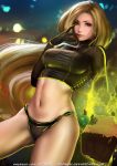  1girl black_gloves black_panties blonde_hair blurry blurry_background breasts brown_eyes dc_comics dutch_angle electricity gloves hand_to_own_mouth large_breasts lips long_hair looking_at_viewer midriff navel nefrubi night panties patreon_username shirt smile tight_shirt underwear watermark web_address 