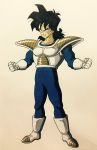 1boy armor black_eyes black_hair boots clenched_hands commentary_request dragon_ball dragonball_z frown full_body gloves highres lee_(dragon_garou) long_hair looking_at_viewer male_focus shaded_face simple_background smile standing white_background white_gloves yamcha 
