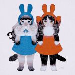  2girls absurdres animal_ears animal_feet animal_hands artist_name black_fur black_hair blue_dress blue_eyes bow cat_girl cat_tail closed_mouth dress dress_bow fake_animal_ears full_body gradient_hair grey_background grey_hair highres looking_at_viewer multicolored_hair multiple_girls neck_fur original pole_mura rabbit_ears red_bow red_dress short_hair simple_background standing tail white_fur yellow_eyes 