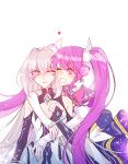  2girls aisha_(elsword) blush code:_sariel_(elsword) elsword eve_(elsword) eyebrows_visible_through_hair facial_mark highres hug long_hair magical_girl metamorphy_(elsword) multiple_girls smile sulleah twintails very_long_hair yuri 