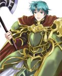  1boy armor blue_eyes blue_hair cape ephraim fire_emblem fire_emblem:_seima_no_kouseki fire_emblem_heroes halberd holding holding_shield holding_weapon looking_at_viewer nintendo pauldrons polearm rem_sora410 shield simple_background smile solo weapon white_background 