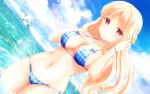  1girl arm_up bare_shoulders bikini blonde_hair blue_bikini blue_sky blush breasts cleavage closed_mouth clouds cloudy_sky collarbone commentary_request day dutch_angle eyebrows eyebrows_visible_through_hair flower girlfriend_(kari) glint hair_flower hair_ornament hand_on_own_chest highres large_breasts light_rays long_hair looking_at_viewer masa_(mirage77) navel ocean outdoors partially_submerged plaid plaid_bikini raised_eyebrows red_eyes sasahara_nonoka sky smile solo standing sunbeam sunlight swimsuit thighs wallpaper water water_drop waves 