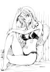 1girl absurdres bed_sheet bra breasts cleavage collarbone eyebrows_visible_through_hair greyscale groin hair_between_eyes hand_on_head hand_on_own_knee head_tilt highres long_hair medium_breasts monochrome nail_polish nami_(one_piece) one_piece page_number panties parted_lips pillow sitting smile solo underwear underwear_only yu-ri_(kurione-sha) 