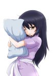  1girl absurdres angry bangs black_hair brown_eyes commentary daxz240r dress girls_und_panzer glaring hairband highres holding holding_pillow long_hair looking_at_viewer messy_hair one_eye_closed pajamas pillow purple_dress reizei_mako short_sleeves simple_background solo standing upper_body v-shaped_eyebrows white_background white_hairband 