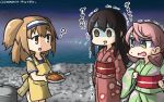  3girls :d ? akagi_(kantai_collection) akashi_(kantai_collection) alternate_costume apron brown_eyes brown_hair commentary_request curry curry_rice dated drooling empty_eyes food green_eyes hair_between_eyes hair_ribbon hamu_koutarou highres hitodama i-26_(kantai_collection) japanese_clothes kantai_collection kimono light_brown_hair long_hair long_sleeves multiple_girls obi open_mouth pink_hair print_kimono ribbon rice sash shaded_face short_sleeves smile tress_ribbon twintails wide_sleeves yellow_apron yukata 
