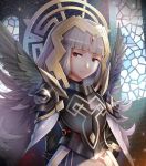  1girl armor cape crown fire_emblem fire_emblem_heroes gloves gonzarez grey_hair hair_ornament long_hair looking_at_viewer nintendo red_eyes shoulder_armor simple_background solo veronica_(fire_emblem) 