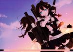  2015 2girls absurdres back-to-back black_gloves black_hair black_shirt black_skirt blue_eyes braid clouds day dutch_angle fingerless_gloves floating_hair gloves gradient_sky hair_between_eyes hair_ribbon highres holding kantai_collection long_hair looking_up miniskirt multiple_girls naoto_(tulip) neckerchief open_mouth outdoors page_number pleated_skirt red_neckwear red_ribbon ribbon shigure_(kantai_collection) shirt short_sleeves single_braid skirt sky standing thigh_strap torn_clothes torn_shirt torn_skirt 