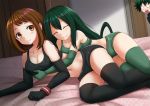  1boy 2girls asui_tsuyu bangs bare_shoulders bed black_bra black_gloves black_legwear black_panties blush boku_no_hero_academia bra breast_grab breasts brown_eyes brown_hair cleavage closed_eyes closed_mouth collarbone commentary elbow_gloves eyebrows_visible_through_hair facing_viewer gloves grabbing grabbing_from_behind green_bra green_gloves green_hair green_legwear green_panties hair_between_eyes hair_rings indoors kazenokaze long_hair low-tied_long_hair medium_breasts midoriya_izuku multiple_girls navel nose_blush on_bed open_mouth panties sidelocks smile sports_bra thigh-highs underwear underwear_only upper_teeth uraraka_ochako very_long_hair yuri 