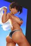 1girl armpits ass bare_shoulders bikini blue_bikini blue_sky breasts brown_eyes brown_hair butt_crack commentary cowboy_shot day eyebrows_visible_through_hair hair_between_eyes highres kaga_(kantai_collection) kantai_collection long_hair o-ring o-ring_bottom parted_lips side_ponytail sideboob sky solo standing swimsuit towel under_boob wa_(genryusui)