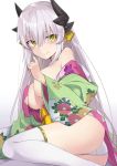  100 1girl absurdres alternate_costume ass blush breasts eyebrows_visible_through_hair fate/grand_order fate_(series) floral_print grey_hair hair_between_eyes hair_ornament highres japanese_clothes kimono kiyohime_(fate/grand_order) large_breasts long_hair panties print_kimono simple_background smile solo thigh-highs underwear very_long_hair weapon white_background white_legwear white_panties yellow_eyes 