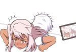 /\/\/\ 1girl bangs blush camcorder chloe_von_einzbern commentary_request cracked_wall dark_skin eyebrows_visible_through_hair fate/kaleid_liner_prisma_illya fate_(series) gym_shirt highres long_hair looking_away mitchi nose_blush open_mouth pink_hair puffy_short_sleeves puffy_sleeves recording red_eyes shirt short_sleeves solo stuck through_wall white_shirt 