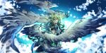  back clouds elf elsword eyebrows_visible_through_hair gem grand_archer_(elsword) green_hair hair_ornament highres jtlo123412 long_hair pointy_ears rena_(elsword) sky smile sparkle wings 