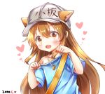  1girl :d animal_ears blue_shirt blush brown_eyes brown_hair cat_ears character_name clothes_writing commentary_request ears_through_headwear flat_cap grey_hat hands_up hat hataraku_saibou heart kemonomimi_mode long_hair looking_at_viewer melynx_(user_aot2846) off_shoulder open_mouth paw_pose platelet_(hataraku_saibou) revision shirt short_sleeves smile solo very_long_hair whiskers whistle whistle_around_neck 