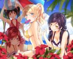  10s 4girls armpits arms_up ayase_eli ball bangs beach beachball bikini black_hair blonde_hair blue_eyes blush breasts chin_rest cleavage clouds collarbone commentary_request day eating eyebrows_visible_through_hair floral_print flower food food_in_mouth frilled_bikini frills green_eyes hair_ornament hair_scrunchie halterneck holding holding_food licking_lips looking_at_viewer love_live! love_live!_school_idol_festival love_live!_school_idol_project medium_breasts mogu_(au1127) multiple_girls nishikino_maki ocean outdoors palm_tree pink_scrunchie ponytail print_bikini purple_hair red_bikini red_eyes red_flower redhead scrunchie side-tie_bikini sideboob sidelocks sky swimsuit tongue tongue_out toujou_nozomi tree twintails umbrella untying violet_eyes white_scrunchie yazawa_nico yellow_bikini 