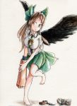  1girl barefoot brown_hair green_skirt highres orange_eyes reiuji_utsuho shirt shoes_removed skirt solo third_eye touhou traditional_media watercolor_(medium) wings 