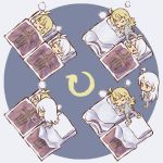  &gt;_&lt; 2girls admiral_hipper_(azur_lane) ahoge azur_lane blonde_hair emblem futon multiple_girls pajamas pillow prinz_eugen_(azur_lane) silver_hair sleeping tweetdian under_covers 