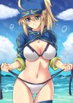  1girl absurdres baseball_cap beach bikini blonde_hair blue_eyes blue_sky breasts cleavage clouds cowboy_shot day fate/grand_order fate_(series) hair_between_eyes hat highres long_hair looking_at_viewer medium_breasts mysterious_heroine_xx_(foreigner) navel outdoors ponytail sawwei005 shrug_(clothing) side-tie_bikini sky solo swimsuit untied untied_bikini white_bikini 