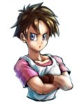  1girl black_hair blue_eyes brown_gloves crossed_arms dragon_ball dragonball_z eyelashes frown gloves looking_away lowres open_mouth purple_shirt shirt short_hair simple_background sleeveless sleeveless_shirt solo st62svnexilf2p9 upper_body videl white_background white_shirt 