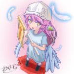  1girl angel_wings artist_request blue_shirt boots commentary_request cosplay cross feathered_wings feathers flag flat_cap gradient hat hataraku_saibou highres holding holding_flag jibril_(no_game_no_life) long_hair looking_at_viewer low_wings multicolored multicolored_eyes multicolored_hair no_game_no_life open_mouth orange_eyes pink_hair platelet_(hataraku_saibou) platelet_(hataraku_saibou)_(cosplay) shirt short_sleeves shorts solo standing symbol-shaped_pupils white_hat wing_ears wings yellow_eyes 
