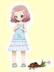 1girl blue_dress blush broken brown_eyes casual daxz240r dress fingers_together flower_pot frown girls_und_panzer highres layered_dress looking_away looking_down medium_dress redhead rosehip sandals short_hair simple_background solo spaghetti_strap standing yellow_background younger 