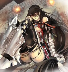  1girl aonagi_(a-lot-of) bandage bandaged_arm bandages belt black_choker black_hair black_shorts breasts choker claws long_hair looking_at_viewer medium_breasts official_art shorts tales_of_(series) tales_of_berseria thigh-highs torn_clothes torn_thighhighs under_boob velvet_crowe very_long_hair yellow_eyes 