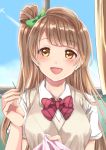  1girl :d absurdres bangs blush bow bowtie brown_hair collared_shirt commentary_request condensation_trail curtains eyebrows_visible_through_hair green_bow hair_bow highres holding_needle huge_filesize long_hair looking_at_viewer love_live! love_live!_school_idol_project minami_kotori nanami_(nnsk_nnm) needle one_side_up open_mouth otonokizaka_school_uniform red_neckwear sewing sewing_needle shirt short_sleeves smile solo striped_neckwear sweater_vest upper_body white_shirt window 