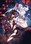  2girls anklet baisi_shaonian barefoot black_gloves blue_eyes boots braid breasts brown_hair cleavage dress elbow_gloves flower gloves grey_hair hair_flower hair_ornament holding holding_sword holding_weapon jewelry long_hair medium_breasts multiple_girls outdoors red_eyes red_flower single_braid sword tianxia_shouyou weapon white_dress yantou828 