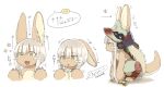  1girl animal_ears closed_mouth directional_arrow eyebrows_visible_through_hair flower highres kawasemi27 looking_away made_in_abyss nanachi_(made_in_abyss) open_mouth smile solo speech_bubble standing translated white_hair yellow_eyes 