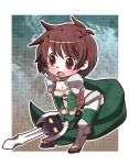  1girl bangs blush bob_cut boots border breasts brown_eyes brown_footwear brown_hair cape character_request chibi cleavage collarbone commentary_request copyright_request d: elbow_gloves eyebrows_visible_through_hair eyes_visible_through_hair full_body furrowed_eyebrows genderswap genderswap_(mtf) gloves gold_trim green_cape green_gloves green_legwear hayasaka high_heel_boots high_heels holding holding_sword holding_weapon knee_boots leaning_forward open_mouth outside_border rance_(series) ransuko sengoku_rance short_hair standing stomach swept_bangs sword tareme tears thigh-highs weapon white_border 