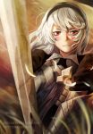  1girl armor artist_name bangs black_hairband character_request commentary deviantart_username english_commentary expressionless fire_emblem fire_emblem_if frown hair_between_eyes hairband highres looking_at_viewer nintendo red_eyes silver_hair solo twitter_username 