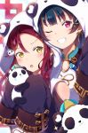  2girls :o bangs blue_hair blush chinese_clothes commentary_request earrings eyebrows_visible_through_hair grin hair_ornament hairclip hat highres holding hood hood_up jewelry long_hair love_live! love_live!_sunshine!! mia_(fai1510) multiple_girls one_eye_closed panda panda_hair_ornament panda_hood redhead sakurauchi_riko shoulder_cutout sleeves_past_fingers sleeves_past_wrists smile sparkle teardrop tsushima_yoshiko upper_body v-shaped_eyebrows violet_eyes yellow_eyes 