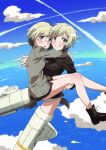  2girls arms_around_neck blonde_hair blue_eyes boots brown_hair carrying commentary dog_tail erica_hartmann flying glasses grin highres long_sleeves looking_at_viewer military military_uniform multicolored_hair multiple_girls naguramu no_pants open_mouth princess_carry short_hair siblings sisters smile strike_witches striker_unit tail twins twitter_username two-tone_hair uniform ursula_hartmann world_witches_series 