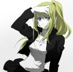  1girl arm_at_side bangs black_skirt blonde_hair blue_eyes crying crying_with_eyes_open expressionless fingernails floating_hair fullmetal_alchemist gradient gradient_background grey_background hand_in_hair jacket long_hair looking_away ponytail riru shaded_face shirt simple_background skirt solo tears upper_body white_background white_shirt winry_rockbell 