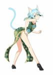  1girl animal_ears bent_over blue_eyes blue_flower blue_hair brown_footwear cat_ears cat_tail cheongsam china_dress chinese_clothes dress floating_hair floral_print flower from_behind full_body hair_between_eyes hair_flower hair_ornament looking_back shinon_(sao-alo) short_hair_with_long_locks sidelocks simple_background sleeveless sleeveless_dress solo sword_art_online tail white_background 