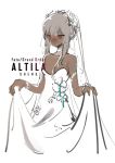  1girl altera_(fate) alternate_costume armlet bangs bare_arms bare_shoulders blush bracelet breasts character_name choker cleavage closed_mouth collarbone copyright_name dark_skin dress fate/extella fate/extra fate/grand_order fate_(series) feet_out_of_frame flower headdress jewelry long_dress long_hair looking_down red_eyes shenq simple_background sleeveless sleeveless_dress small_breasts solo strapless strapless_dress tan tattoo tied_hair veil white_background white_choker white_dress white_hair 