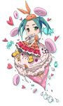  1girl :3 blush bow candy chestnut_mouth chibi commentary_request doughnut dress eating food food_on_face green_eyes green_hair hand_on_lap hat heart highres holding holding_food ice_cream_cone in_food layered_dress looking_at_viewer monogatari_(series) nisemonogatari ononoki_yotsugi orange_bow orange_dress parted_lips pink_x puffy_short_sleeves puffy_sleeves short_sleeves sitting sitting_on_food solo twintails 