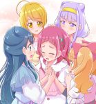  5girls ahoge aisaki_emiru bangs blonde_hair blue_eyes blue_hair blush bow commentary_request hair_bow hair_bun hair_ornament hairband hugtto!_precure kagayaki_homare long_hair multiple_girls nail_polish nono_hana open_mouth pink_eyes pink_hair precure purple_hair ruru_amour short_hair skirt smile tears teliga twintails violet_eyes yakushiji_saaya 