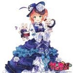  &gt;_&lt; 1girl :d bangs black_hat blue_bow blue_dress blue_eyes blue_flower blue_rose blush bow breasts brown_hair closed_eyes copyright_request cowboy_shot dress drum drumsticks eyebrows_visible_through_hair floral_print flower gloves green_eyes hair_between_eyes hands_up harp hat hat_flower head_tilt holding instrument long_sleeves nyanya official_art one_side_up open_mouth print_dress purple_bow rose rose_print round_teeth see-through shirt simple_background small_breasts smile solo strapless strapless_dress striped striped_bow teeth upper_teeth watermark white_background white_flower white_gloves white_rose white_shirt wide_sleeves xd 