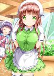  2girls :d ^_^ apron blend_s blush breasts brown_hair closed_eyes closed_eyes closed_mouth collared_shirt commentary_request company_connection cosplay crossover dated dress_shirt frilled_apron frills gloves gochuumon_wa_usagi_desu_ka? green_eyes green_shirt green_skirt hands_up head_scarf highres indoors large_breasts long_hair multiple_girls open_mouth picture_frame pink_shirt pink_skirt pleated_skirt puffy_short_sleeves puffy_sleeves purple_hair sakuranomiya_maika shirt short_sleeves skirt smile sparkle steepled_fingers stile_uniform twitter_username ujimatsu_chiya uniform very_long_hair waist_apron waitress white_apron white_gloves window zenon_(for_achieve) 