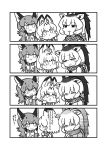  animal_ears bow bowtie character_request closed_eyes comic eyebrows_visible_through_hair giraffe_ears greyscale highres kemono_friends kotobuki_(tiny_life) long_hair looking_at_another monochrome multicolored_hair parted_lips reticulated_giraffe_(kemono_friends) saliva serval_(kemono_friends) serval_ears short_hair sleeping translation_request 
