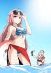  &gt;_&lt; 2girls absurdres animal bangs bikini black_bikini blue_bikini breasts cat cellphone closed_mouth eyebrows_visible_through_hair eyewear_on_head flip_phone girls_frontline grey_hair hair_flaps hand_up hands_up highres junsuina_fujunbutsu large_breasts lifebuoy long_hair mdr_(girls_frontline) medium_breasts multicolored_hair multiple_girls nail_polish navel ntw-20_(girls_frontline) on_head open_mouth phone pink_hair sarong self_shot side_ponytail sidelocks sky starfish streaked_hair striped striped_bikini summer sun sunglasses swimsuit turtle turtle_shell water 